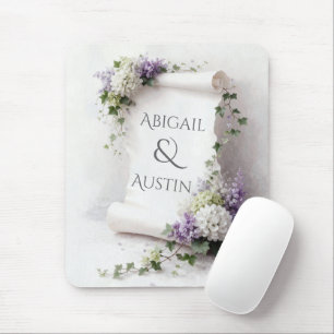 Bröllop Vitt Pergament med Hydrangeor och Syren Musmatta
