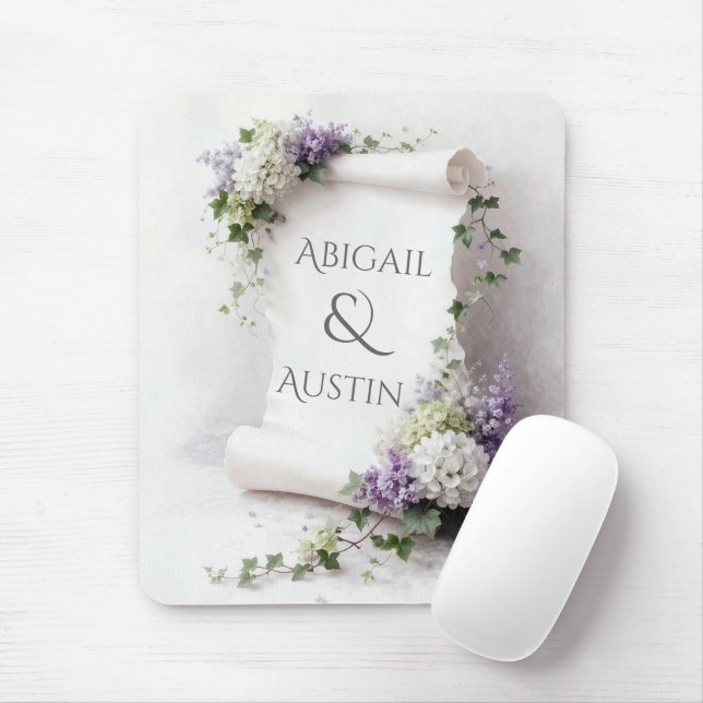 Bröllop Vitt Pergament med Hydrangeor och Syren Musmatta (Med mus)