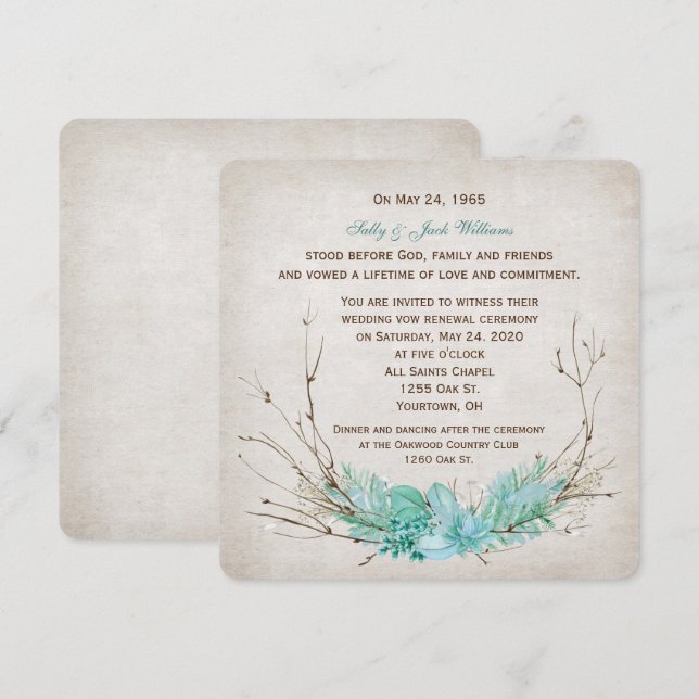 bröllop vow förnyelse turkos blommigt twig bouquet inbjudningar (Fram/baksida)