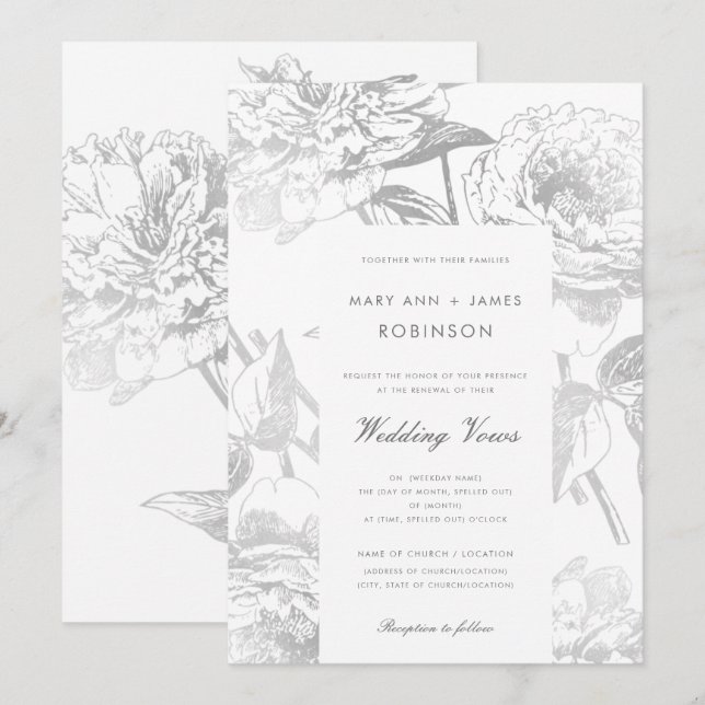 Bröllop Vow Renewal Modern Simple Blommigt Silver Inbjudningar (Fram/baksida)
