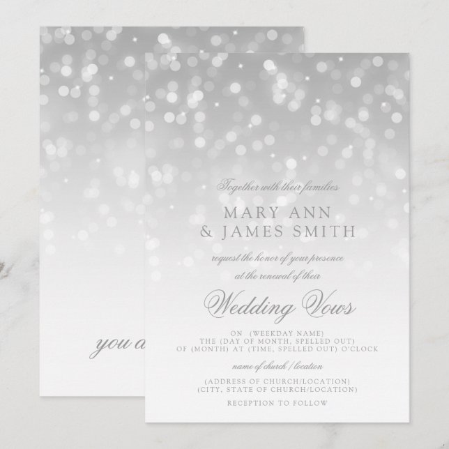 Bröllop Vow Renewal Silver Bokeh Gnistra Ljus Inbjudningar (Fram/baksida)