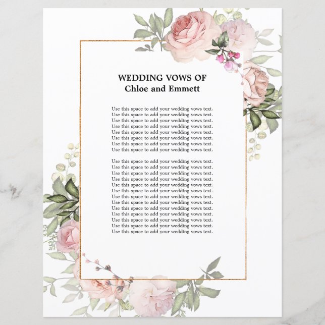 Bröllop Vows Rosa ros Blommigt (Framsida)
