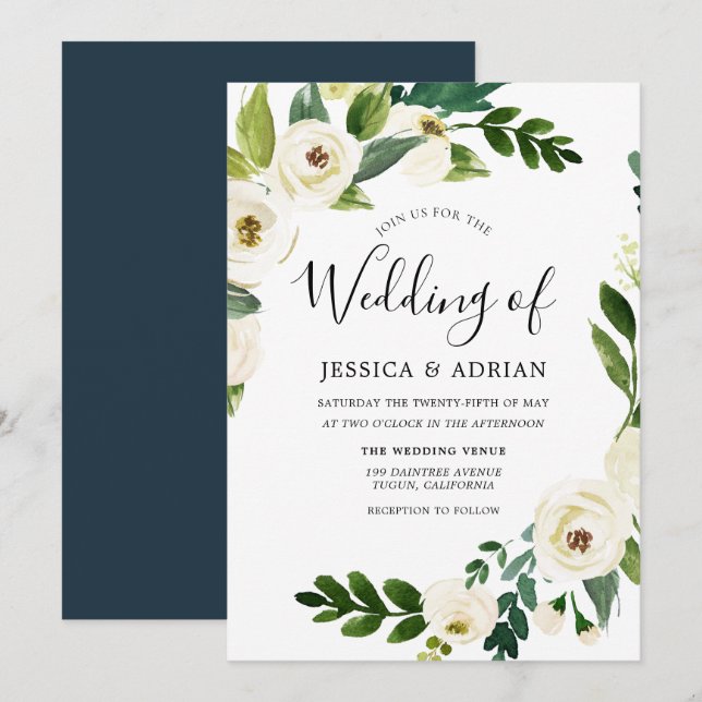 Bröllop Wandedräkt Vit Flower Grönt Löv Inbjudan (Fram/baksida)