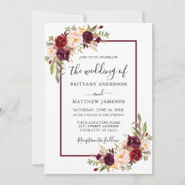 Bröllop Watercolor Blommigt Burgundy Ram Inbjudningar