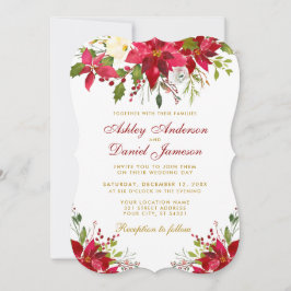Bröllop Watercolor Blommigt Poinsettia Guld Red Inbjudningar