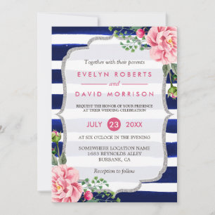 Bröllop Watercolor Blommigt Silver marinblå Rand Inbjudningar
