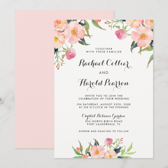 Bröllop Watercolor Botanical Garden Blommigt Inbjudningar (Fram/baksida)