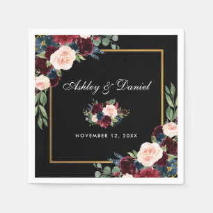 Bröllop Watercolor Burgundy Blommigt Black Guld Pappersservett