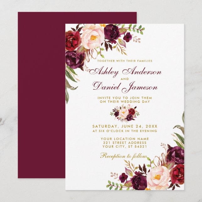 Bröllop Watercolor Burgundy Blommigt Guld B Inbjudningar (Fram/baksida)