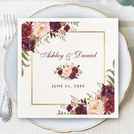 Bröllop Watercolor Burgundy Blommigt Guld Pappersservett