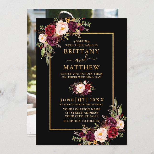 Bröllop Watercolor Burgundy Blommigt Photo Black Inbjudningar (Fram/baksida)