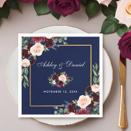 Bröllop Watercolor Burgundy Blue Blommigt Guld Pappersservett