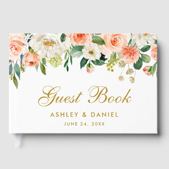 Bröllop Watercolor Coral Blommigt Guld Gästböcker (Framsida)