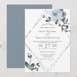Bröllop Watercolor Dusty Blue Blommigt Silver Ram Inbjudningar