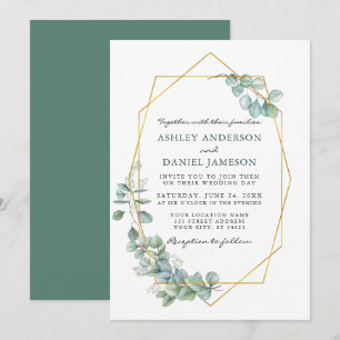 Bröllop Watercolor Eucalyptus Greenery Guld Ram Inbjudningar