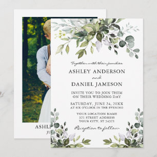 Bröllop Watercolor Greenery Photo Inbjudningar