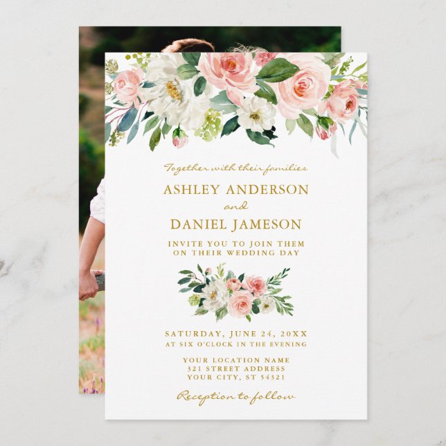 Bröllop Watercolor Rosa Blommigt Guld Photo Inbjudningar (Fram/baksida)