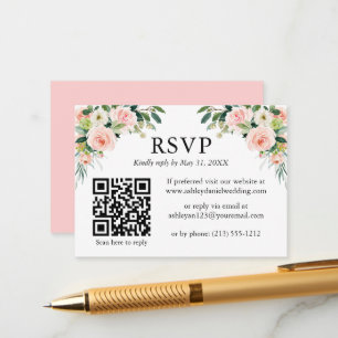 Bröllop Watercolor Rosa White Blommigt QR OSA Tilläggskort