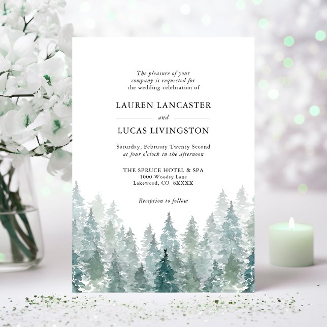 Bröllop Watercolor Rustic Gräs Träd Forest Grönt Inbjudningar (Wedding Watercolor Rustic Pine Trees Forest Green Invitation)