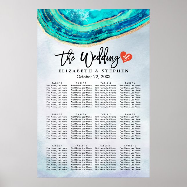 Bröllop: Watercolor Teal & Guld Agate Poster (Framsidan)