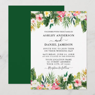 Bröllop Watercolor Tropical Blommigt Greenery Grön Inbjudningar