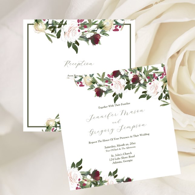 Bröllop Watercolor Vit ros Cranberry Flowers Inbjudningar (Wedding Watercolor White Roses Cranberry Flowers Invitation)