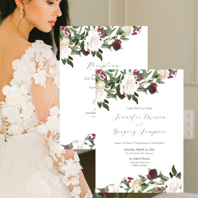 Bröllop Watercolor Vit ros med cranberry Inbjudningar (Wedding Watercolor White Roses with Cranberry Elegant Invitation)