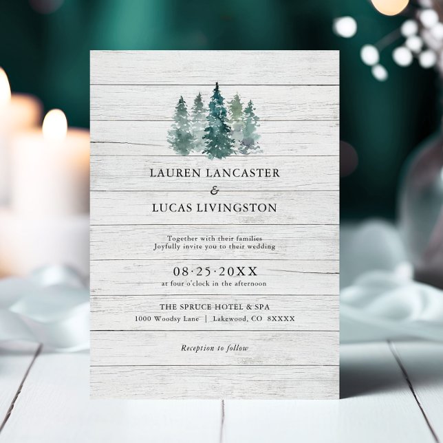 Bröllop Watercolor Wood Rustic Gräs Träd Grönt Inbjudningar (Wedding Watercolor Wood Rustic Pine Trees Green Invitation)