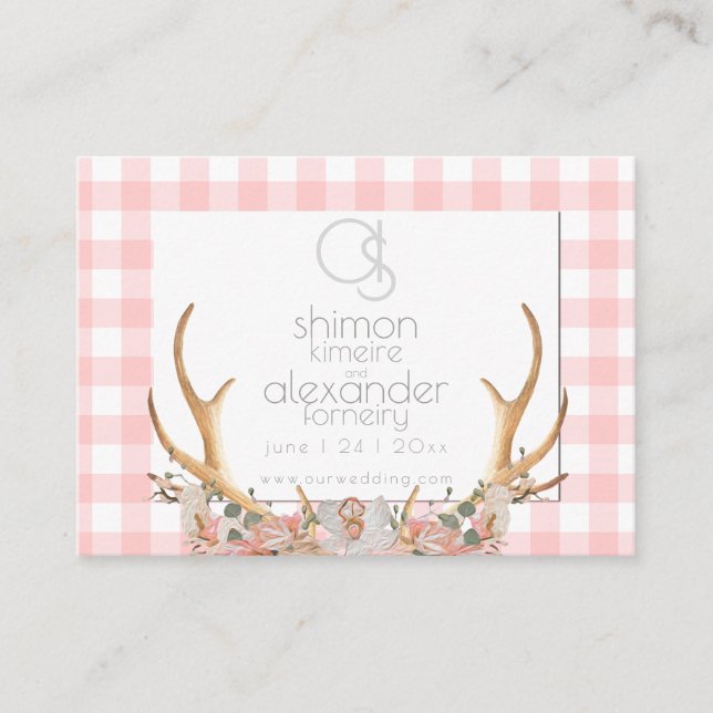 Bröllop webbplats | Monogram Coral Gingham Blommig Visitkort (Framsida)