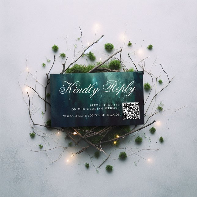 Bröllop webbplats QR-kod Förchanted Garden Wedding Tilläggskort (enchanted forest emerald wedding website rsvp card qr code elegant modern calligraphy formal magical)