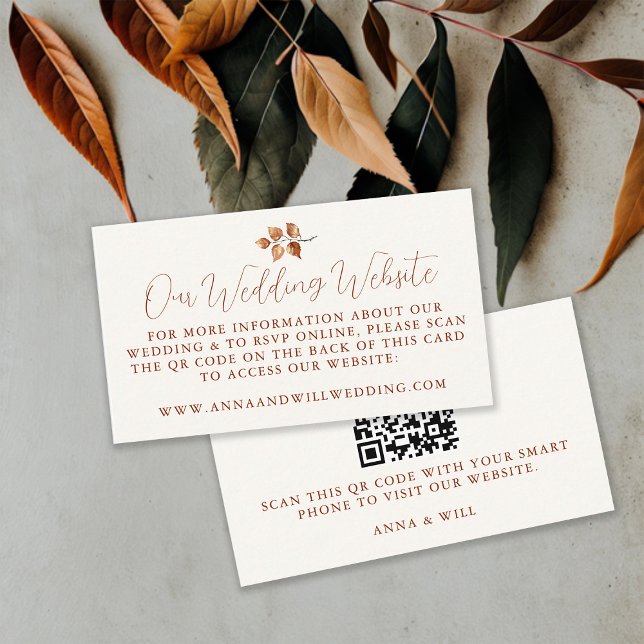 Bröllop-webbplats QR-kod Höst löv Bröllop Tilläggskort (Wedding Website QR Code Fall Autumn Leaves Terracotta Burnt Orange Modern Calligraphy Sophisticated)