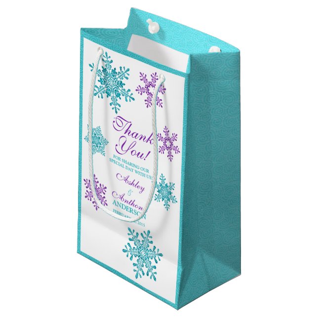Bröllop Welcome Bag Lila Teal Winter Snowflake (Framsidan Vinklad)