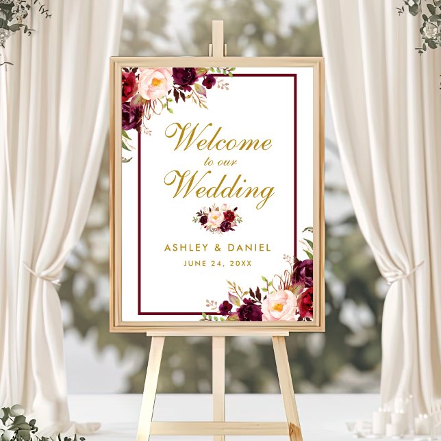 Bröllop Welcome Burgundy Guld Watercolor Blommigt Poster (Customize to change text color, text size, text style or size of poster.)