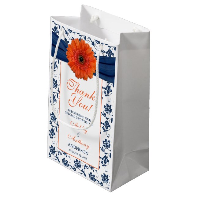 Bröllop Welcome Gift Bag Orange  Daisy Navy Damask (Baksidan Vinklad)