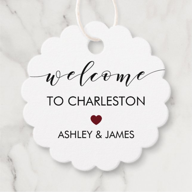 Bröllop Welcome Gift Märkre, Hotel Guests, Burgund Gåvor Etiketter (Framsida)