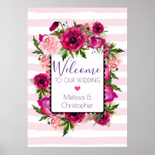 Bröllop Welcome Rosa ros & Poppy Blommigt Bouquet Poster