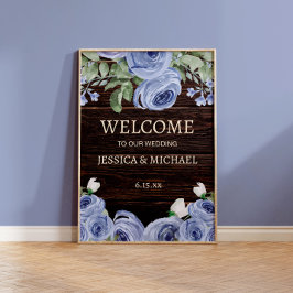 Bröllop Welcome Rustic Wood Blue Blommigt Poster