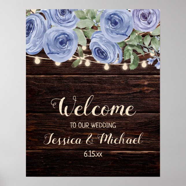 Bröllop Welcome Rustic Wood Blue Blommigt String Poster (Framsidan)