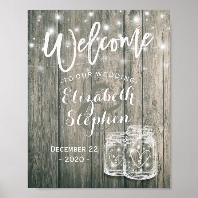 Bröllop Welcome Rustic Wood Mason Burk String Ligh Poster (Framsidan)