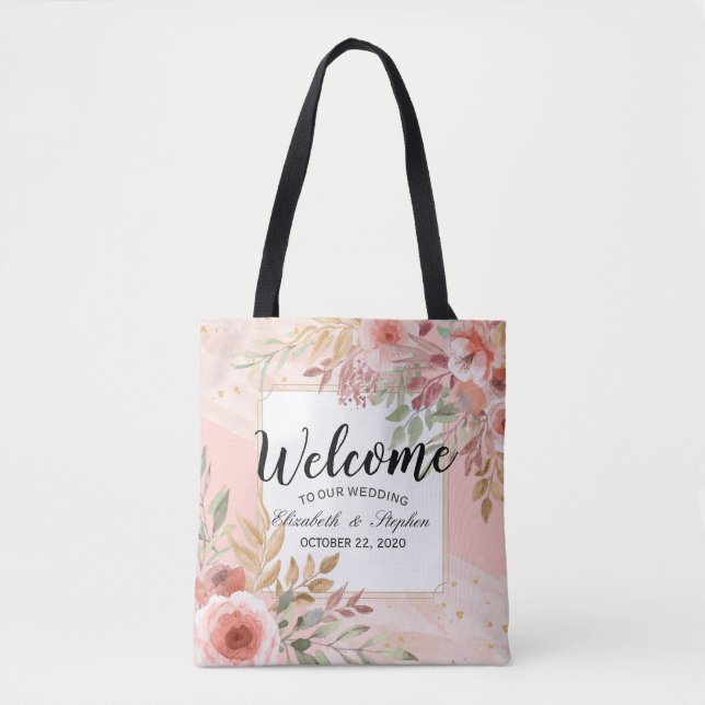 Bröllop Welcome Tack Gift Bag Elegant Flowers Tygkasse (Framsida)