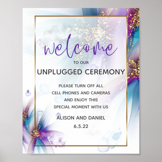 Bröllop Welcome Teal Lila Abstrakt Flowers Poste Poster (Framsidan)