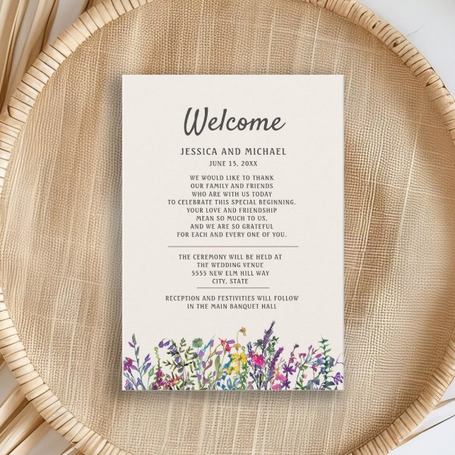 Bröllop Welcome Watercolor Wildblomme Blommigt Tilläggskort (Wedding Welcome card for guest bags)