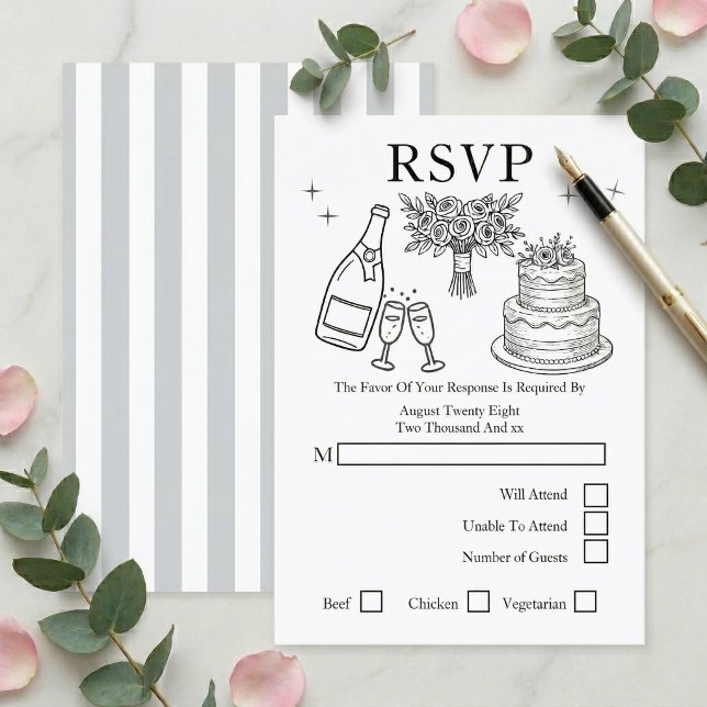 Bröllop Whimsical Klotter Grå och Vit OSA Kort (Wedding Whimsical Doodles Grey and White RSVP Card
by Ricaso. a fun, modern response card for guests)