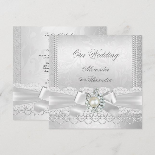 Bröllop White Pearl Snöre Damask Diamond Silver Inbjudningar (Fram/baksida)