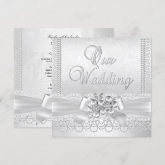 Bröllop White Silver Pearl Snöre Damask Diamond Inbjudningar