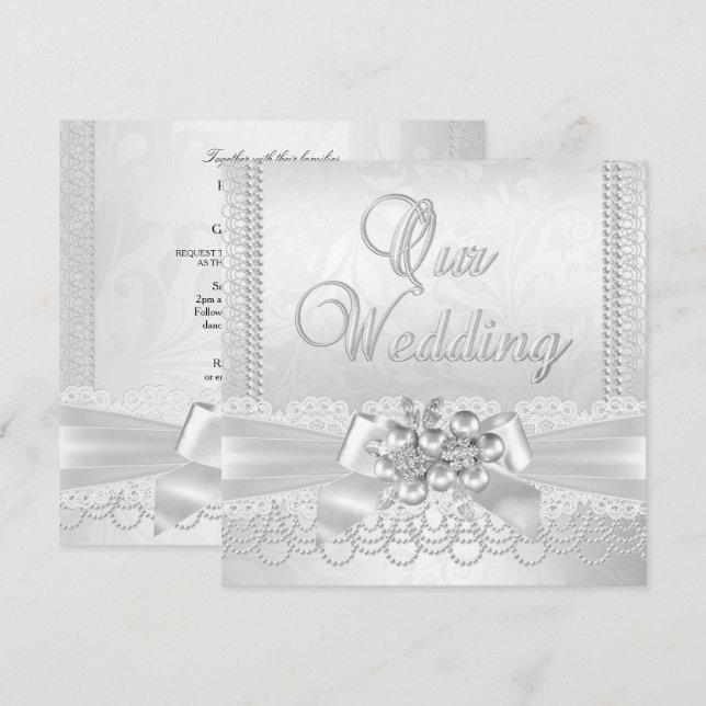 Bröllop White Silver Pearl Snöre Damask Diamond Inbjudningar (Fram/baksida)