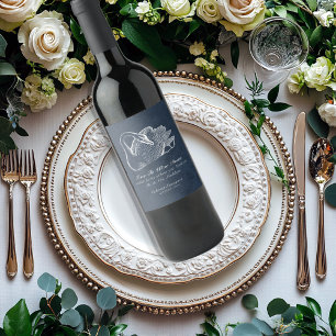 Bröllop White Svan marinblå Vin ned Vinflaska Etikett