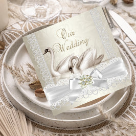 Bröllop White Svanar Cream Pearl Snöre Damask SQ Inbjudningar