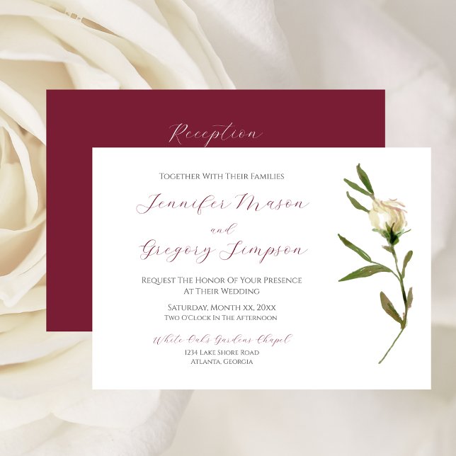 Bröllop White Watercolor Ro med cranberry Inbjudningar (Wedding White Watercolor Rose with Cranberry Invitation)