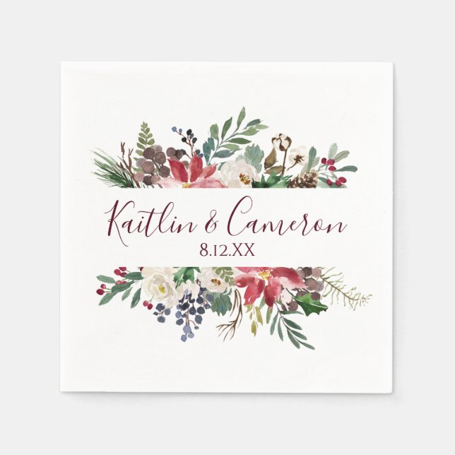 Bröllop Winter Helgdag Napkins | Burgundy Blue Pappersservett (Framsidan)